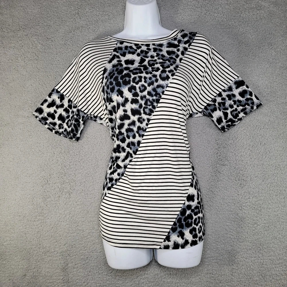 Sew in Love T Shirt Womens Fits XL Animal Print Striped Gray Patchwork Statement